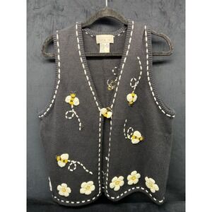 Mandal Bay Sweater Vest L Embroidered Bumble Bees Daisies Teacher Grandma Core